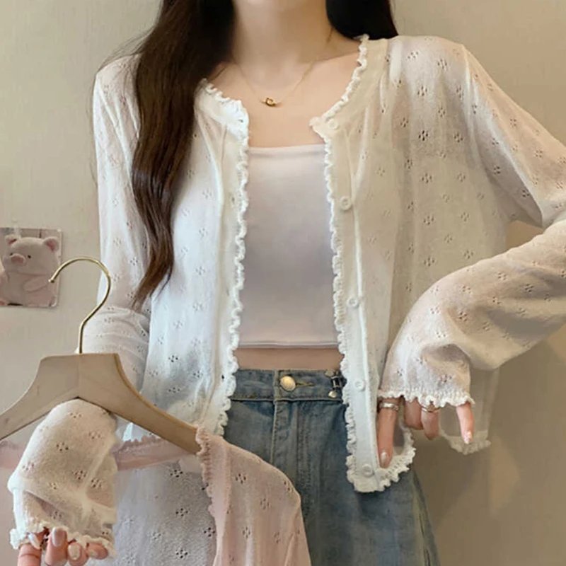 Thin Long Sleeve Sun Protection Shirt For Women Summer Fungus Knitted Cardigans Coats Solid Single Breasted Ladies Blouse Tops