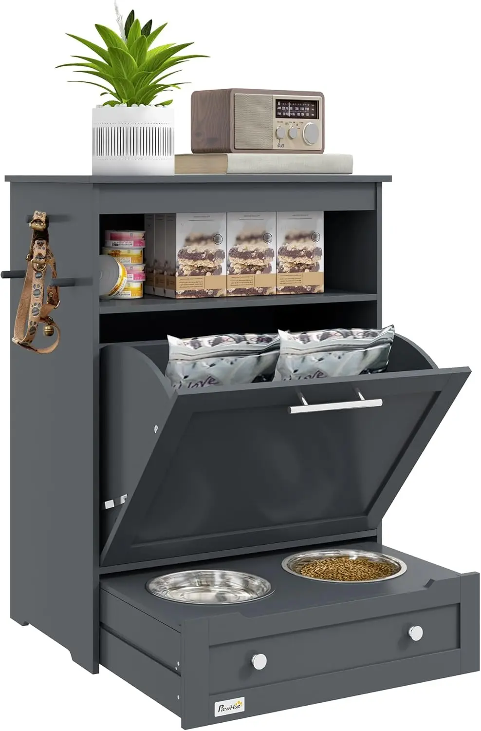 

Подставка для кормления собак с ящиком для хранения, органайзер для корма и подвесной держатель для принадлежностей, серый