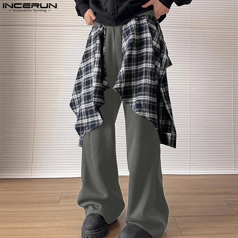 INCERUN 2024 Koreanischen Stil Hosen Mode Männer Gefälschte Zwei-stück Plaid Spleißen Rock Hosen Casual Streetwear Persönlichkeit Pantalons