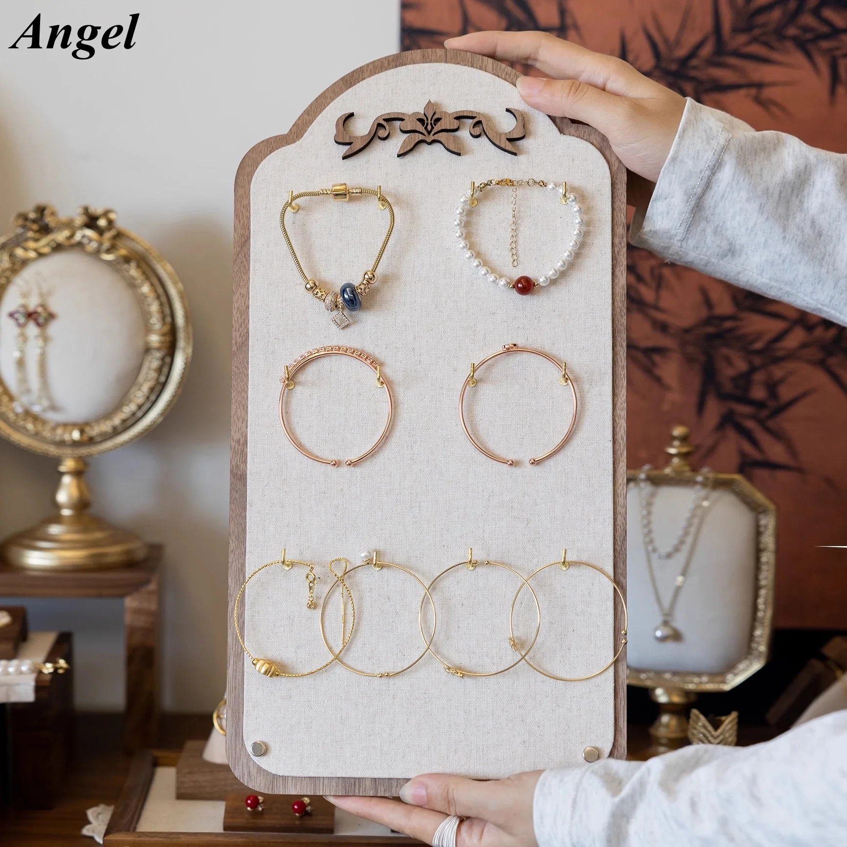 

Vintage Solid Wood Jewelry Display Stand, Multi-Layer Bracelet Crystal Bead Holder Organizer for Market Stall Photo Prop Counter