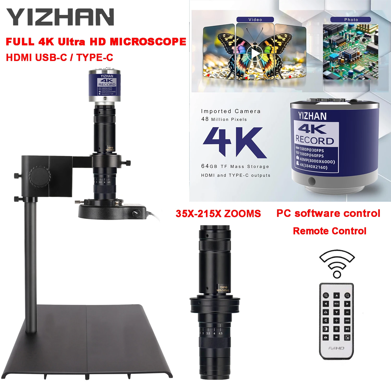 Yizhan Full 4K Digital Microscope HDMI USB Microscope 35-215X Continuous Zoom C-Mount Lens Ultra HD Microscope For PCB Soldering