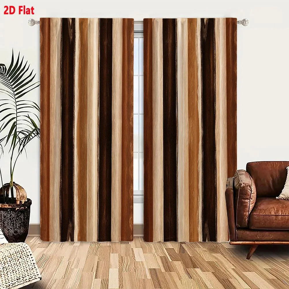 2Pcs Curtains 2D Flat Vertical Striped Pattern Brown Tan Cream Wood Grain Interior Design Background Texture Window Drapes for B