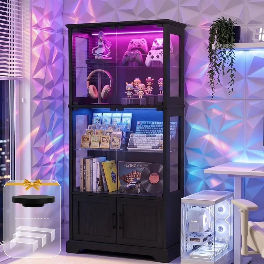 Display Cabinet with Glass Door, 4-Tier Display Case with RGB Lights