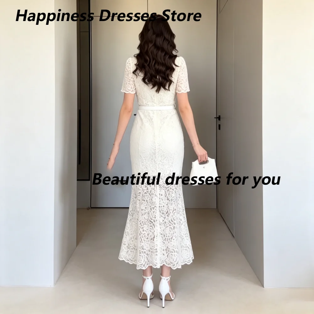 Customized  White Floral Lace Square Neck Short Sleeve Mother Of The Bride Gown Belt Pocket Buttons Mermaid Guest Gown