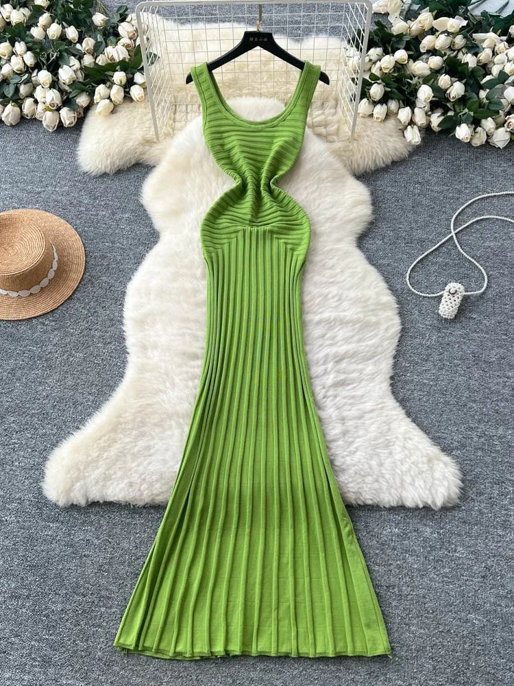 우아한 미니멀리스트 니트 드레스 여성 슬리밍 여름 섹시한 롱 스커트 하이 웨이스트 a 라인 반소매 오버 헤드 한국 스타일