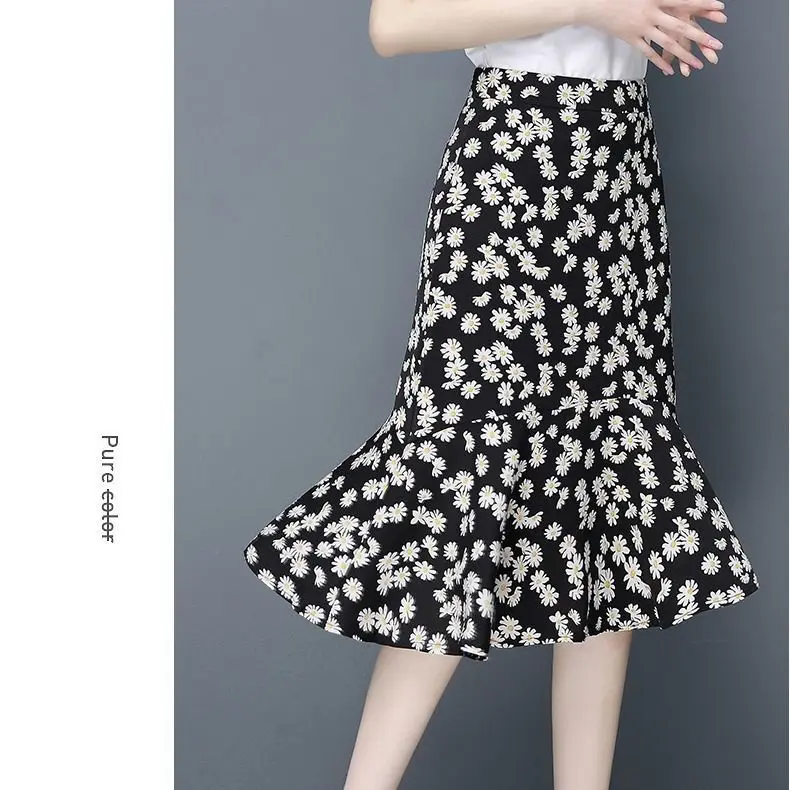 

High Waist Midi Skirt Women's Summer Chiffon Bla Asymmetrical Slimming Pleated Fi Tail Skirt with Lace Hemline Fre Sle