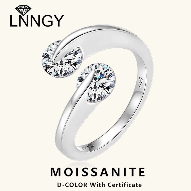 

Lnngy стерлингового серебра 925 пробы открывающееся кольцо с двумя камнями 6,5 мм Муассанит регулируемые кольца для женщин свадебные украшения подарки на вечеринку