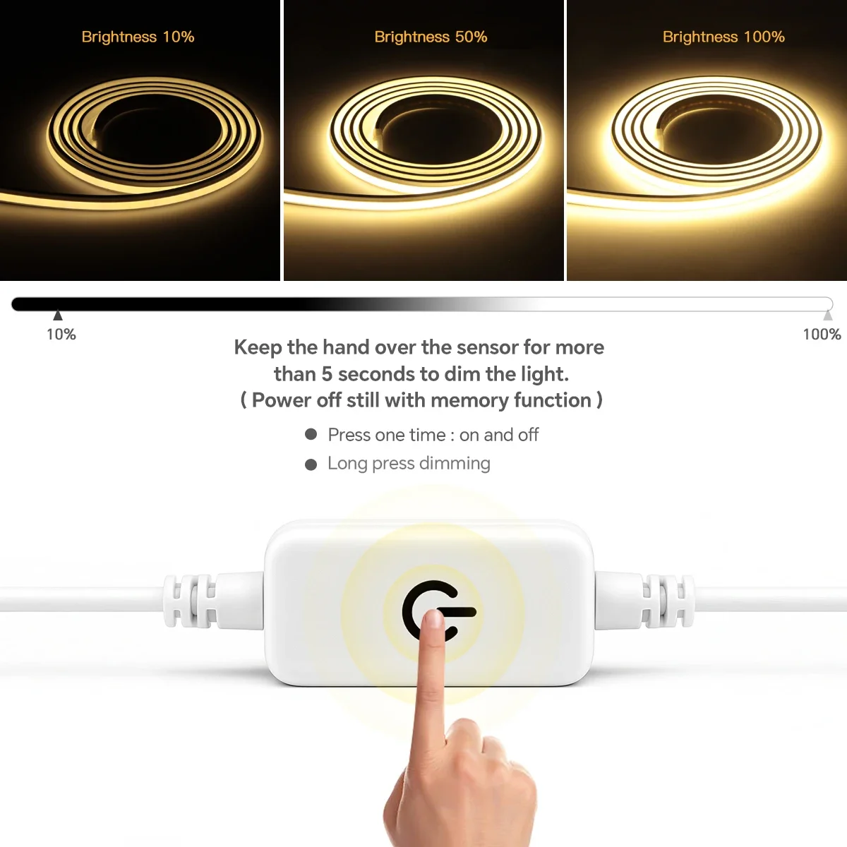 Touch Sensor Control Dimmable 24V COB LED Tape Neon Solid Silicone Gel Tube Self-adhesive Strip Kitchen Cabinet Night Lighting