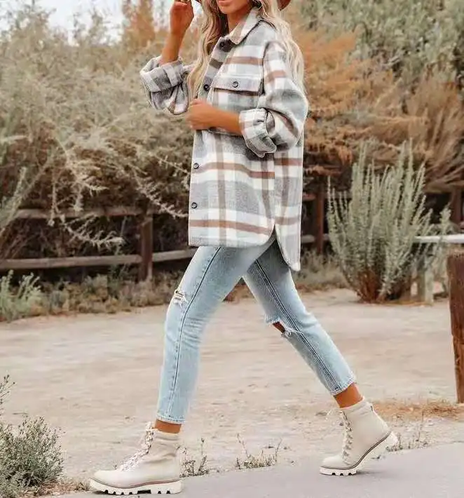 Women Flannel Plaid Shacket Long Sleeve Button Down Shirts Jacket Thickened Woolen Coat with Side Pockets Sweatshirt Polo Collar