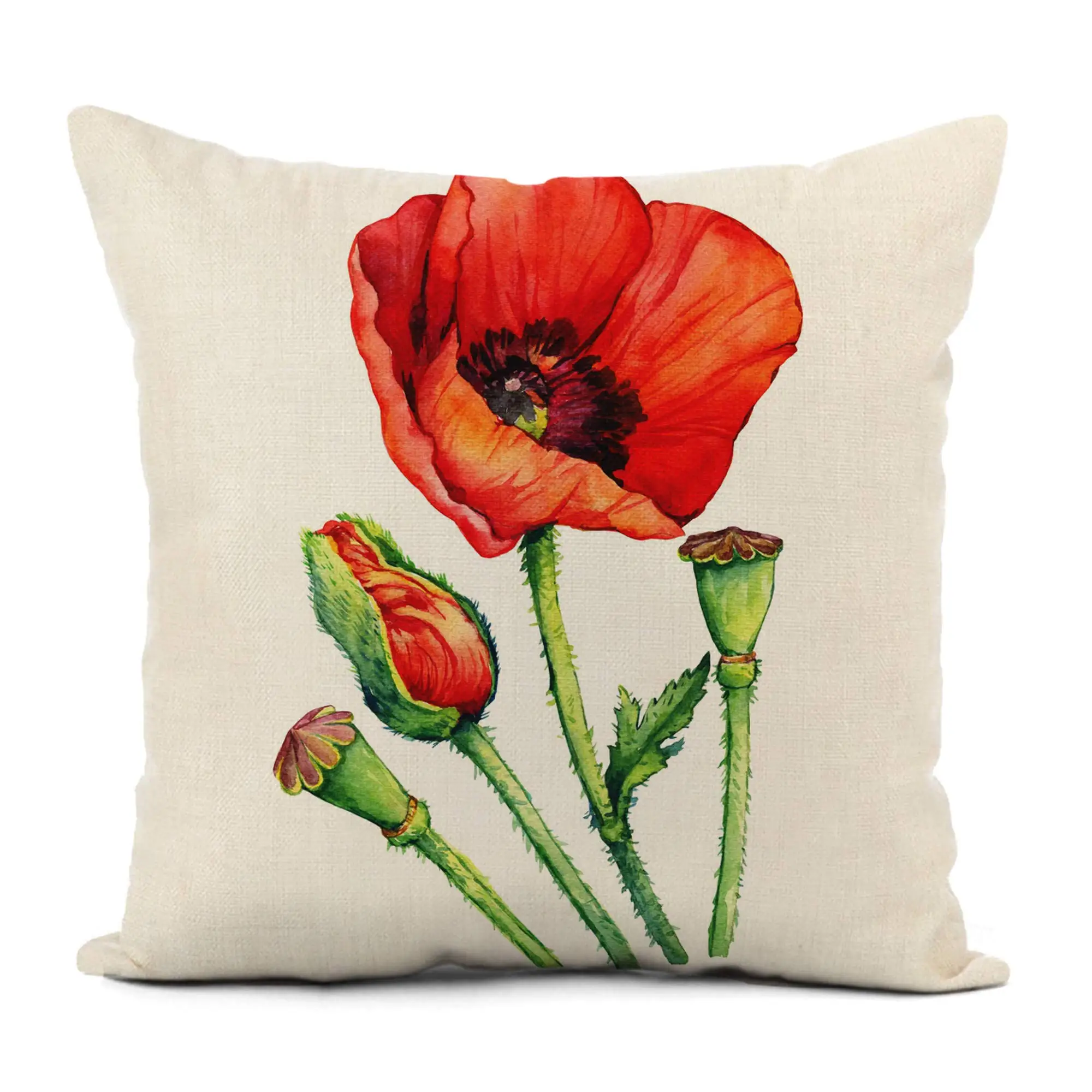 Nordic Modern Poppy Flower Linen Pillowcase Living Room Sofa Cushion Cover Home Decoration Can Be Customized 40x40 50x50 60x60