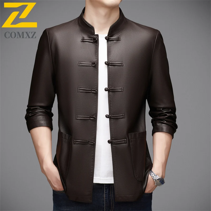 Mens Leather Jacket 2025 Winter High Fashion Stand Collar Knot Button Leather Coat Vintage Style Fashion Traditional Outerwear
