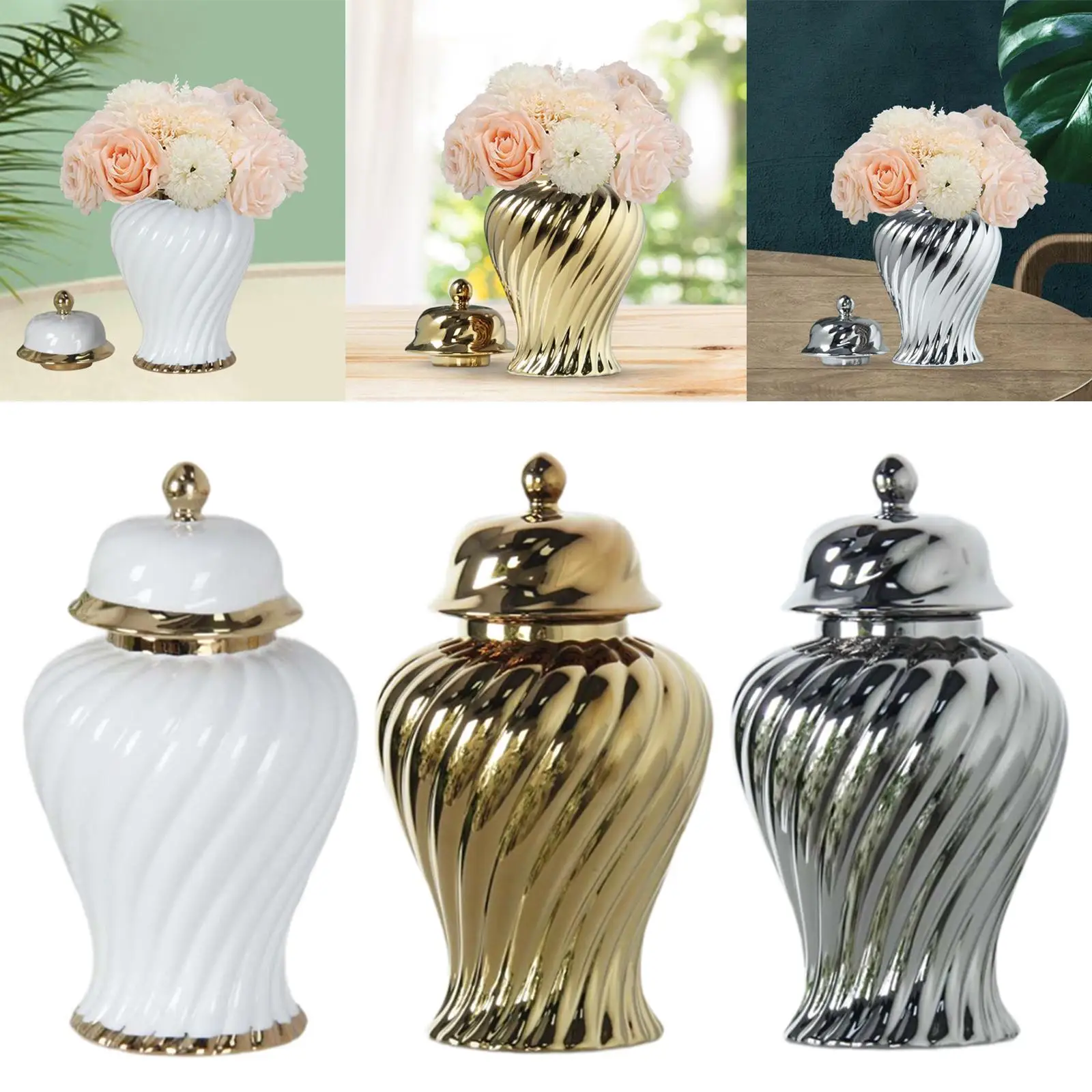 Porcelain Ginger Jar with Lid Floral Display Elegant Ceramic Flower Vase for Shelf Entrance Living Room Shop Window Wedding