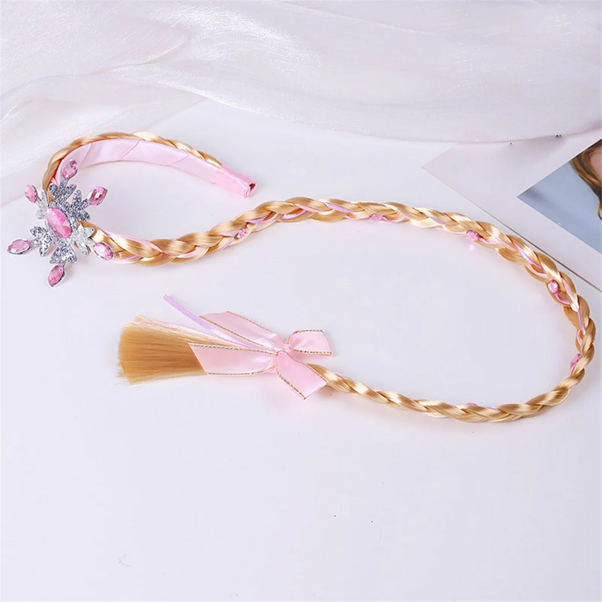 A Princess Dress Up Wigs, Princess Long Braided Wig Headbands for Girls Cosplay Princess Hairpiece Headdress Pink