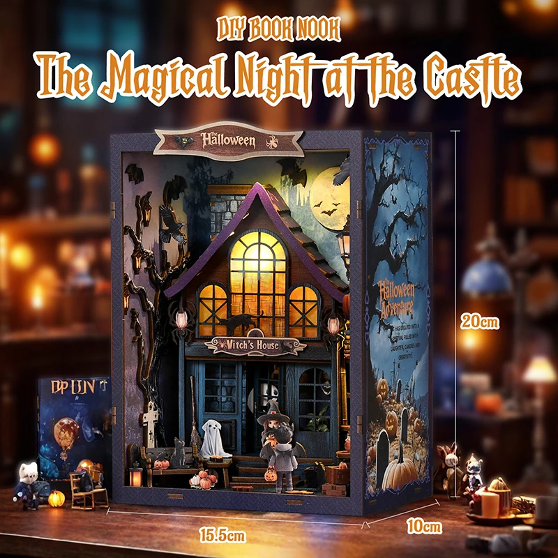 DIY Buchecke Holz Miniatur Modellbausätze Helloween Castle Wonderful Night Buchstütze 3D Puzzle Bücherregal für Freunde Geburtstagsgeschenk