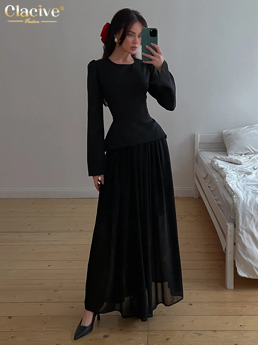 

Clacive Fashion Slim Black Women's Two Pieces Set 2025 Elegant Long Sleeve Shirt With High Waist Long Skirt Set Female Clothing
