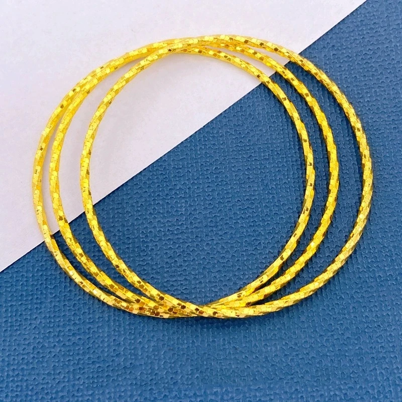 Ladies 14K Gold‑Plated Stainless Steel Three‑Circle Bangle, Stackable Frosted Carved Bangle, Daily Wear Bridal Gift Jewelry