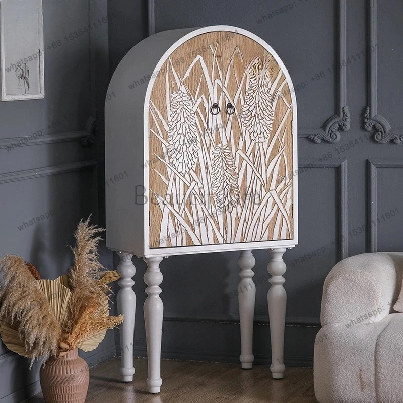 

Medieval creative solid wood carving flower tall decorative cabinet exhibition dining side cabinet retro home arched cabinet