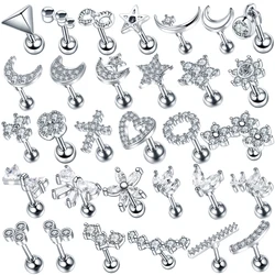 1Pc Copper Ear Piercing Stud Cz Star Moon Flower Cartilage Helix Conch Screw Back Earring For Women Body Piercing Jewelry 16G