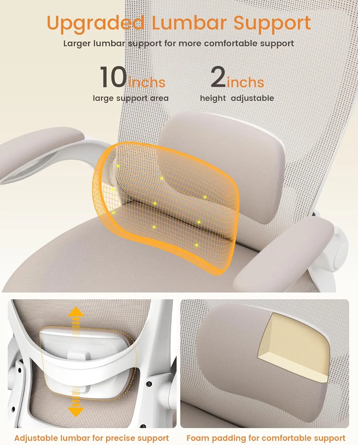 Ergonomic Office Chair with Adjustable Lumbar Support, Flip-Up Armrests, Breathable Mesh, Khaki view 4