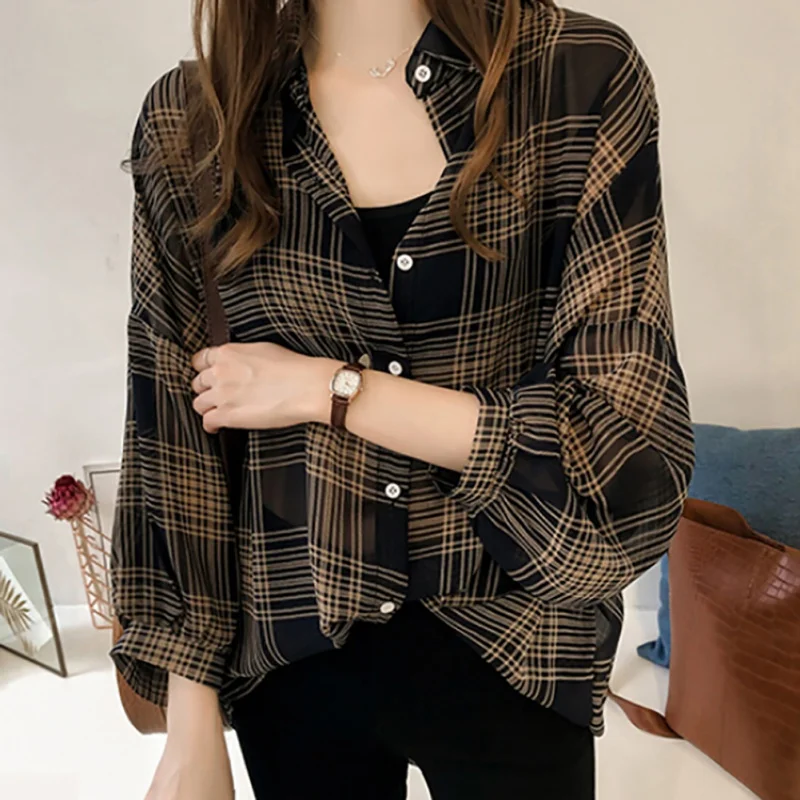 Ladies Lapel Striped Plaid Button Down Shirt Top Single Row Button Lantern Sleeve Thin Casual Shirt Blouse Jacket