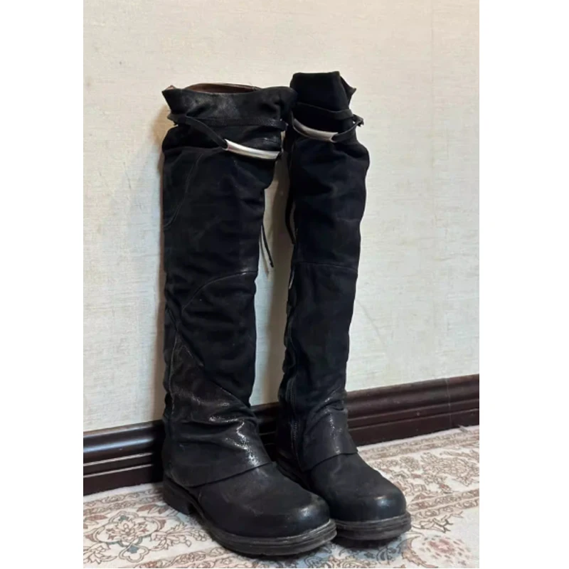 

Vintage Western Slouchy Knee High Boots for Women Distressed Leather Ruched Tall Boots Side Zipper Gothic Punk Knight Boots