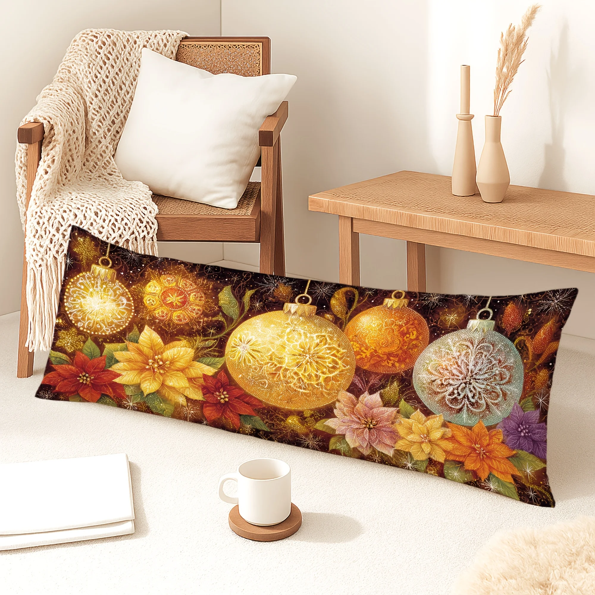 1pc Body Pillow Cover Christmas Decoration Exquisite Gorgeous Ball Floral Snowflake 20*54 Inches Suitable for Living Room Bedroo