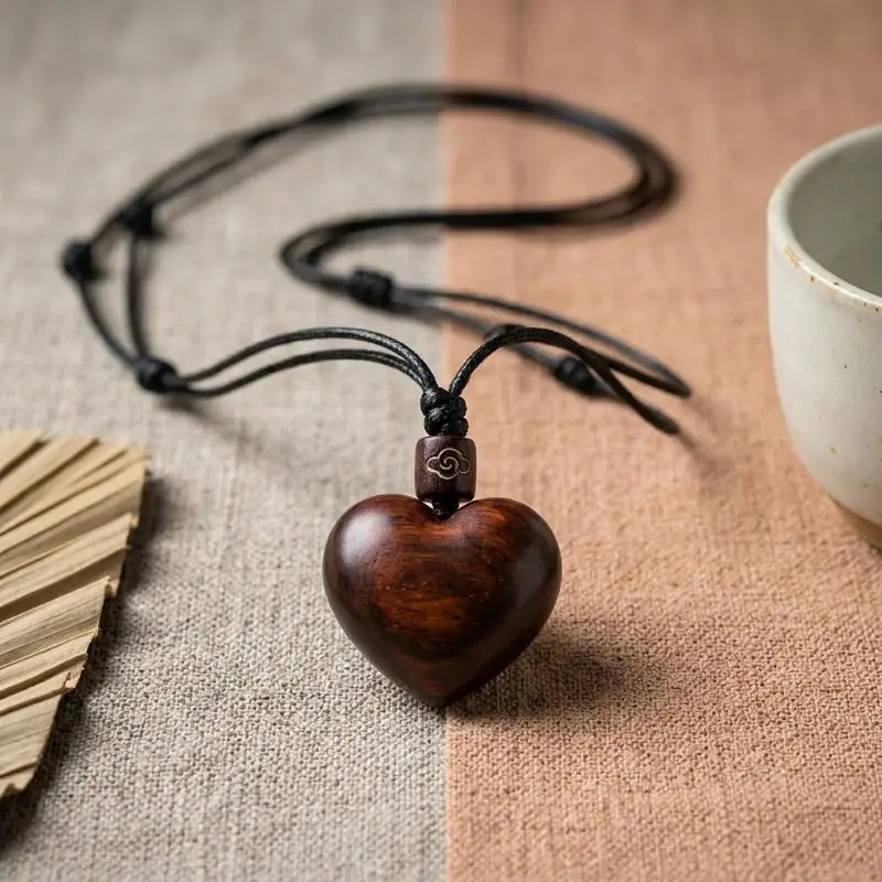 Trendy Long Heart Pendant Necklace Chunky Wood Adjustable Rope Sweater Chain for Fall Winter Outfit