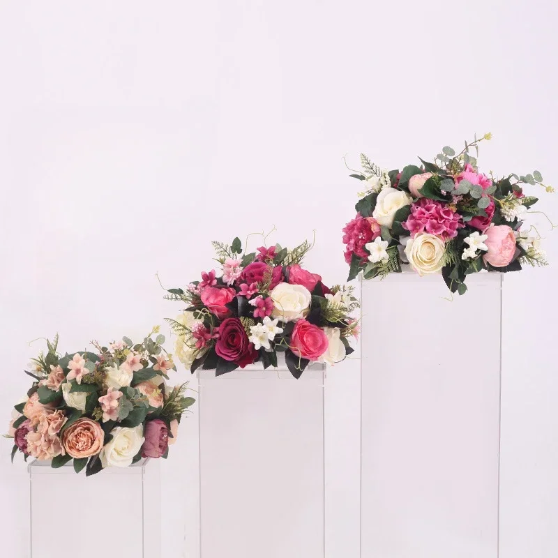 

Artificial Flower Ball Wedding Stage Layout Roadmap Roman Pillar Square Column Candlestick Table Decoration Silk Flower