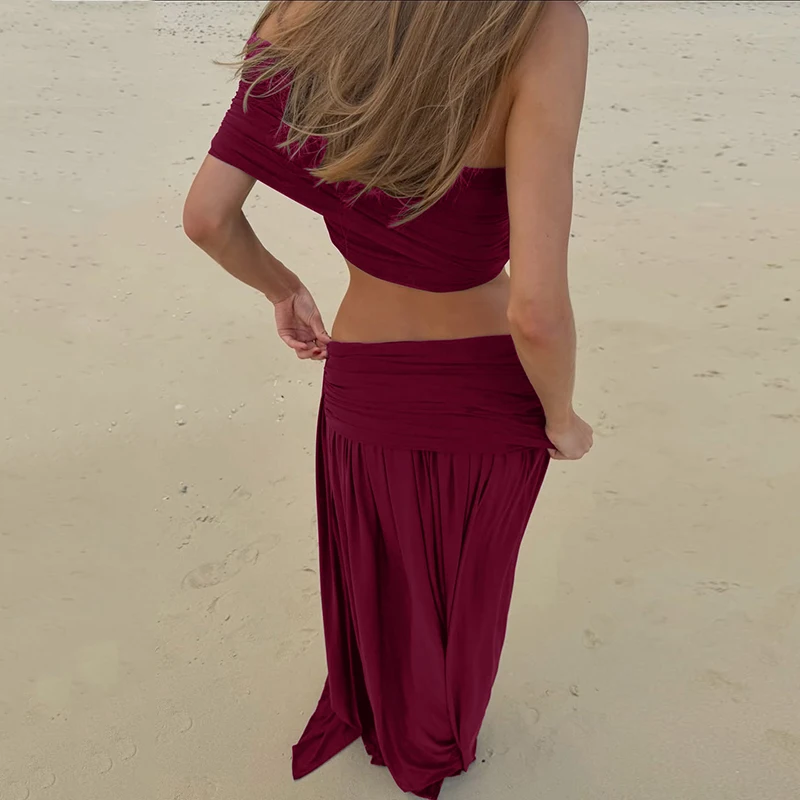 Hugcitar Modische geraffte 2-teilige Sets mit schrägem Kragen, sexy Crop-Tank-Top, Patchwork, plissierter Maxirock, weibliche Strand- und Urlaubsoutfits – Detail 15