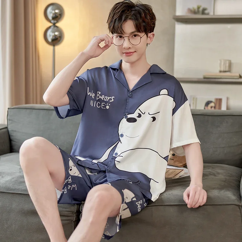 

Summer Men Pajamas Sets Sleepwear Ice Silk fabric Male Pyjamas Suit Cartoon Bear Short Sleeve Homewear Pijama Cardigan Adult