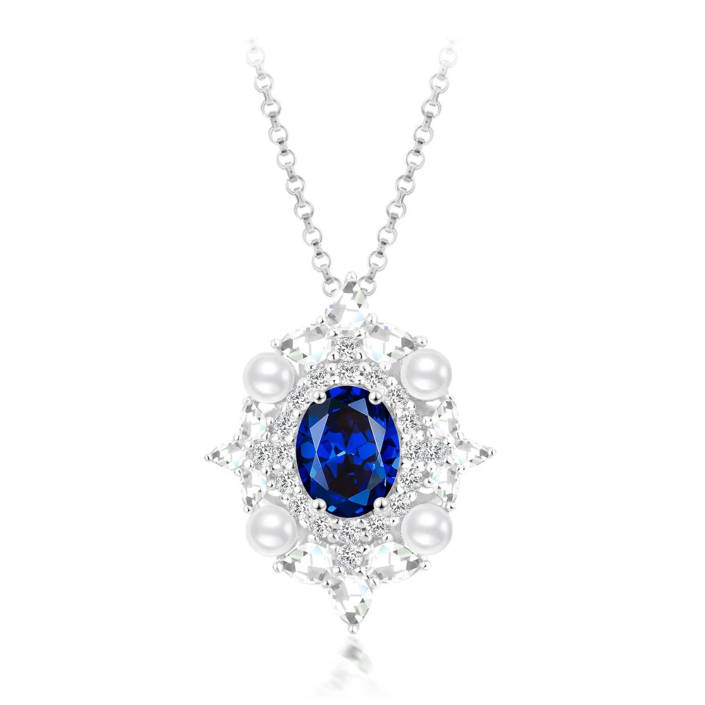 

2023 New 925 Silver Egg 7 * 9 Blue Corundum 2 Carat Medieval Vintage Palace 925 Silver Light Luxury Necklace 40+3cm