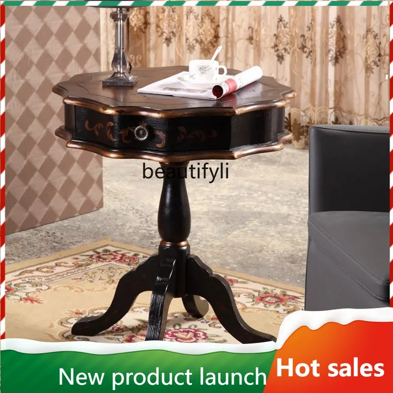 

F56 American Style Solid Wood Round Side Table Vintage Distressed Painted Living Room Carved Small Coffee Table