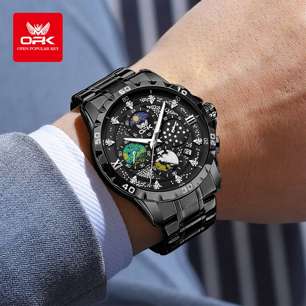 OPK 8175 multifunctional timing steel strip men's quartz watch