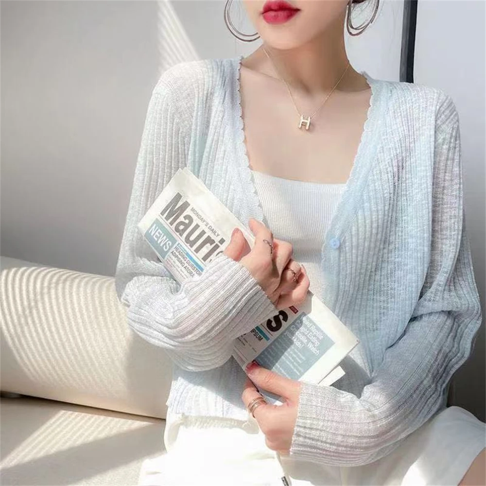 2024 Ice Silk Knitted Sunscreen Cardigan Thin Women\'s Summer Shawl Top Hoodie Short Air Conditioning Jacket
