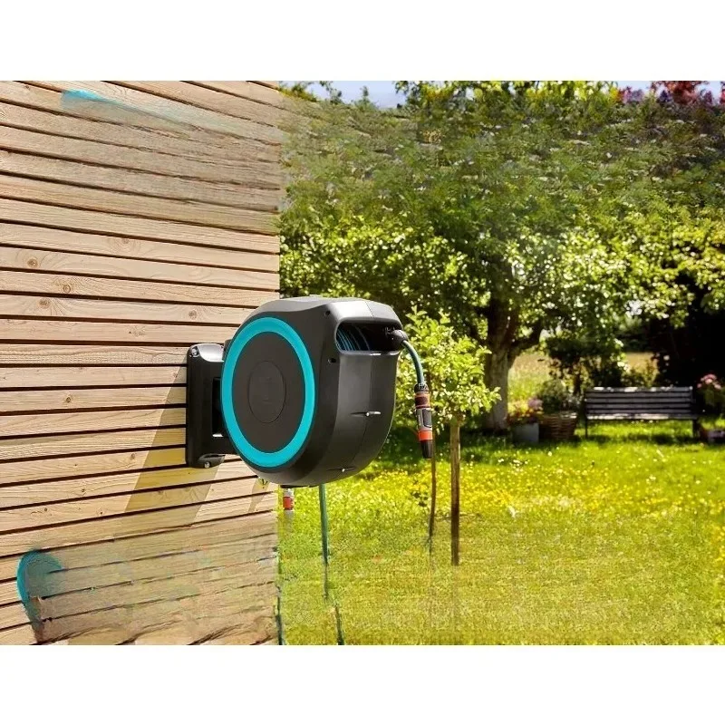 

NEW 115' ft. Wall Mounted Retractable Hose Reel, Black and Turquoise Limited time deal Black
