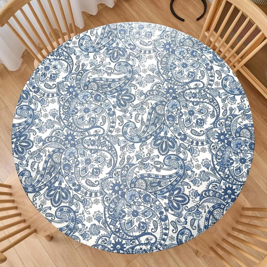 

Luxury Paisley Round Vinyl Tablecloth with Flannel Backing Waterproof Oilproof Wipeable Dining Table Cover for Indoor Outdoor U