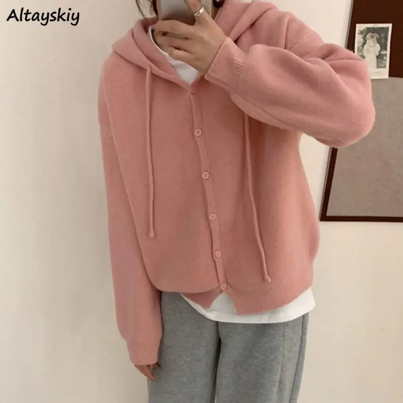 

Hooded Cardigans Women Loose Solid Simple Leisure Daily All-match Knitted Coats Korean Style Ins Chic Stylish Students Preppy