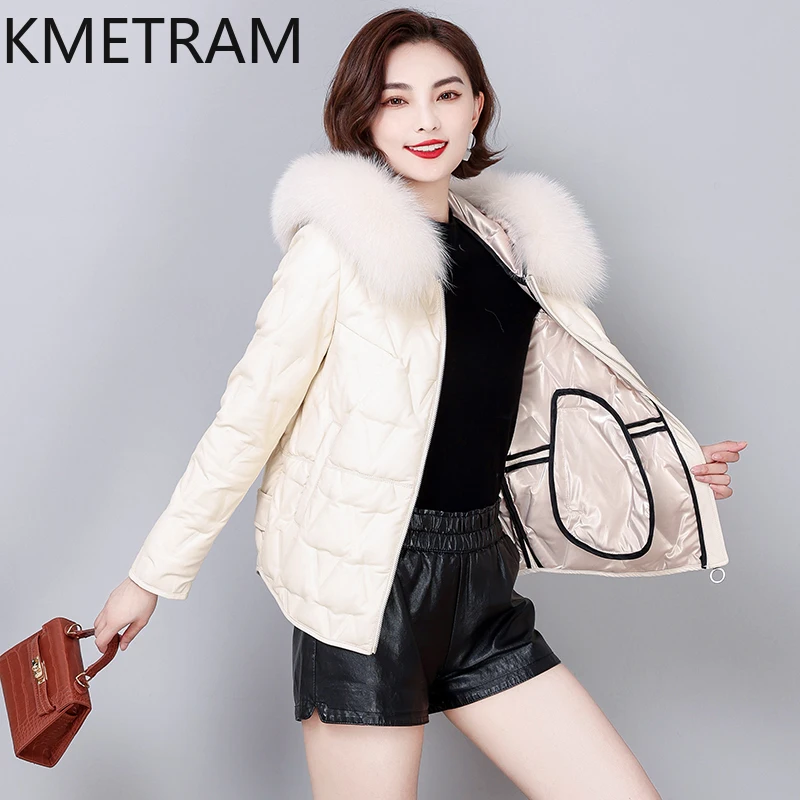 KMETRAM-ropa de Invierno para mujer, abrigos de piel auténtica de oveja con forro de plumón de pato blanco, en cuatro colores, 90%