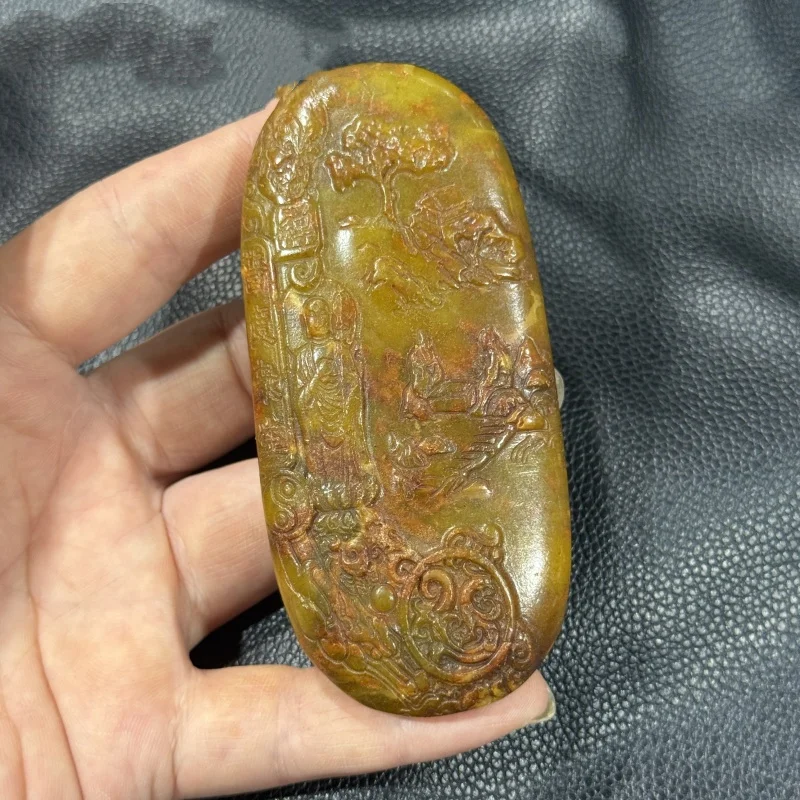 

1pc Antique jade carving old jade landscape figure relief handle piece folk art collectible handicraft