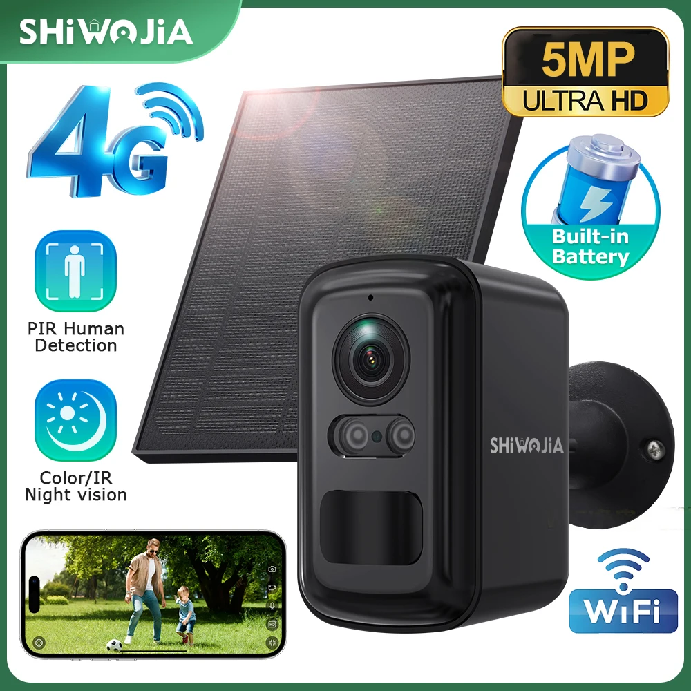 

SHIWOJIA 5MP Solar Battery Camera 4G SIM/WIFI 8000mAh Battery Night Color Vision Two-Way Video Security PTZ IP Camera Ourtdoor