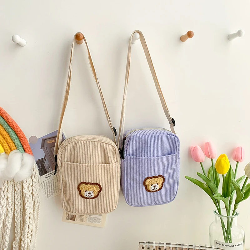 

Corduroy Mini Bag Portable Crossbody Bear Design Phone Coin Purse