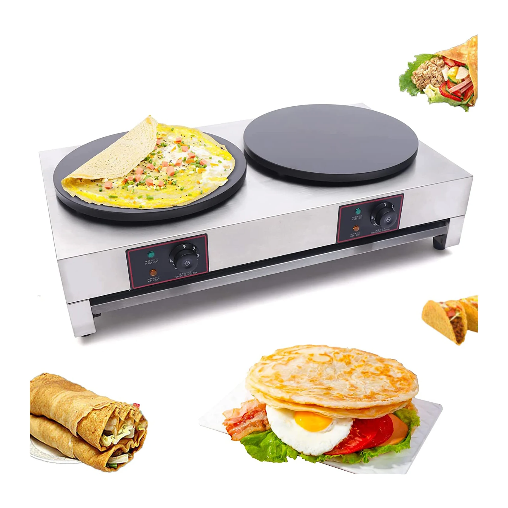 

16 Inch Commercial Crepe Maker Electric Pancake Maker with Double Pan Nonstick Round Crepe Hotplate Griddle Machine Adjustable