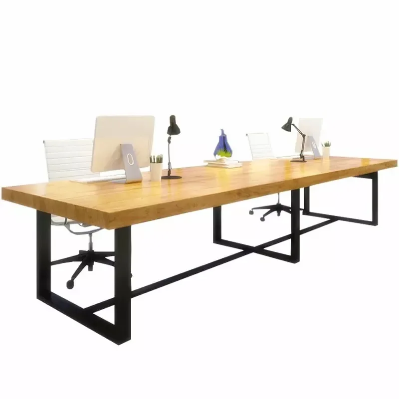 

Solid wood modern conference table and chair combination, long strip large board table, iron art rectangular office