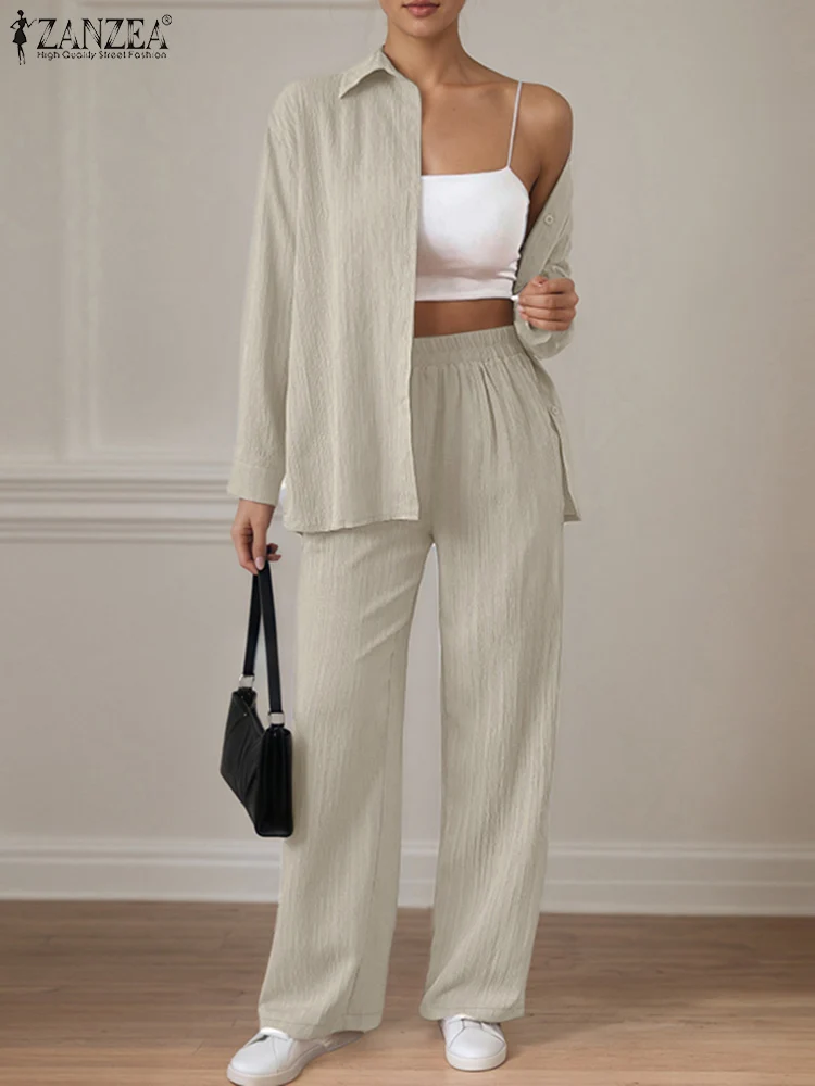 

Women's Plus Size 5XL 2 Pieces Sets ZANZEA Autumn Crinkled Long Sleeve Shirts & Wide Leg Pants 2pcs Suits Street Fashion Outfits