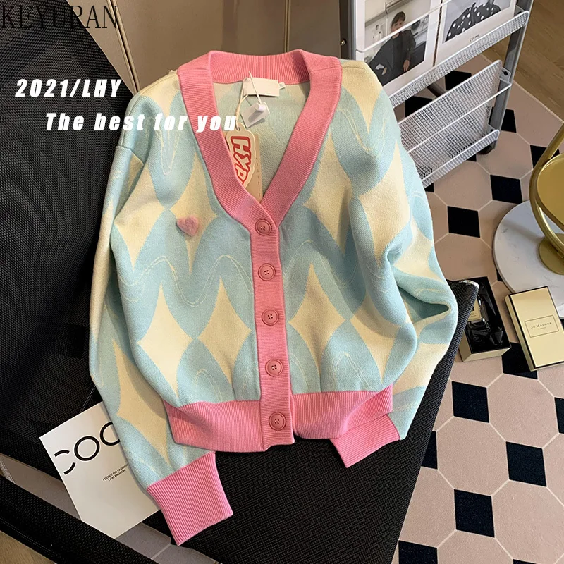 Korean Contrast Color Argyle Knit Cardigan Sweater Women Vintage Autumn O Neck Long Sleeve Button-up Female Outerwear Chic Tops