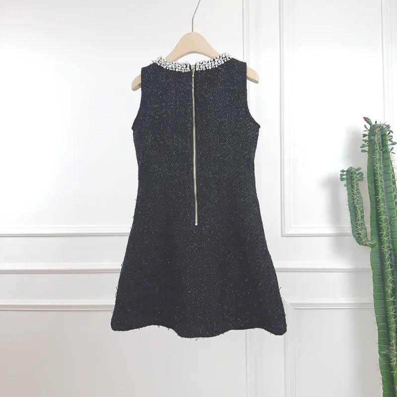 Women Fragrance Black Round Neck Pearl Collar Sleeveless Tweed Dress Fashion Sweet Vintage French Wedding Party Short Dress