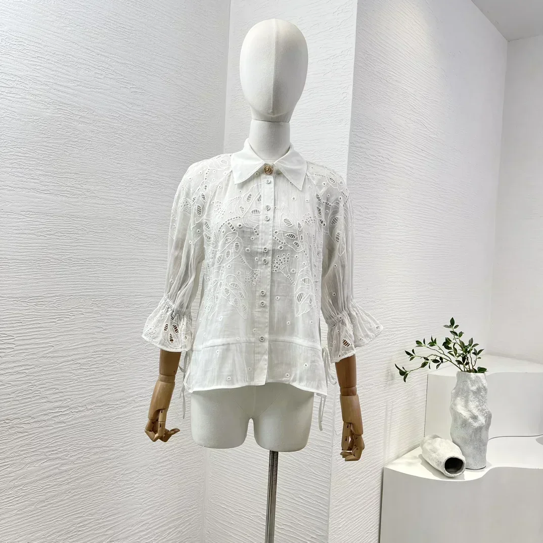 2024 Newest White Embroidery Hollow Out Half Sleeve Drawstring Waist Women Casual Blouse Tops