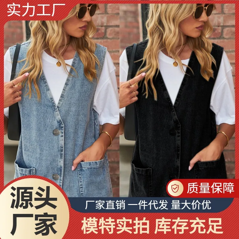 

Spring Women's Clothing Streetwear Denim Vest Top For Woman Loose Fit Sleeveless Jacket Rayon Blend Medium Length Jean Fabric