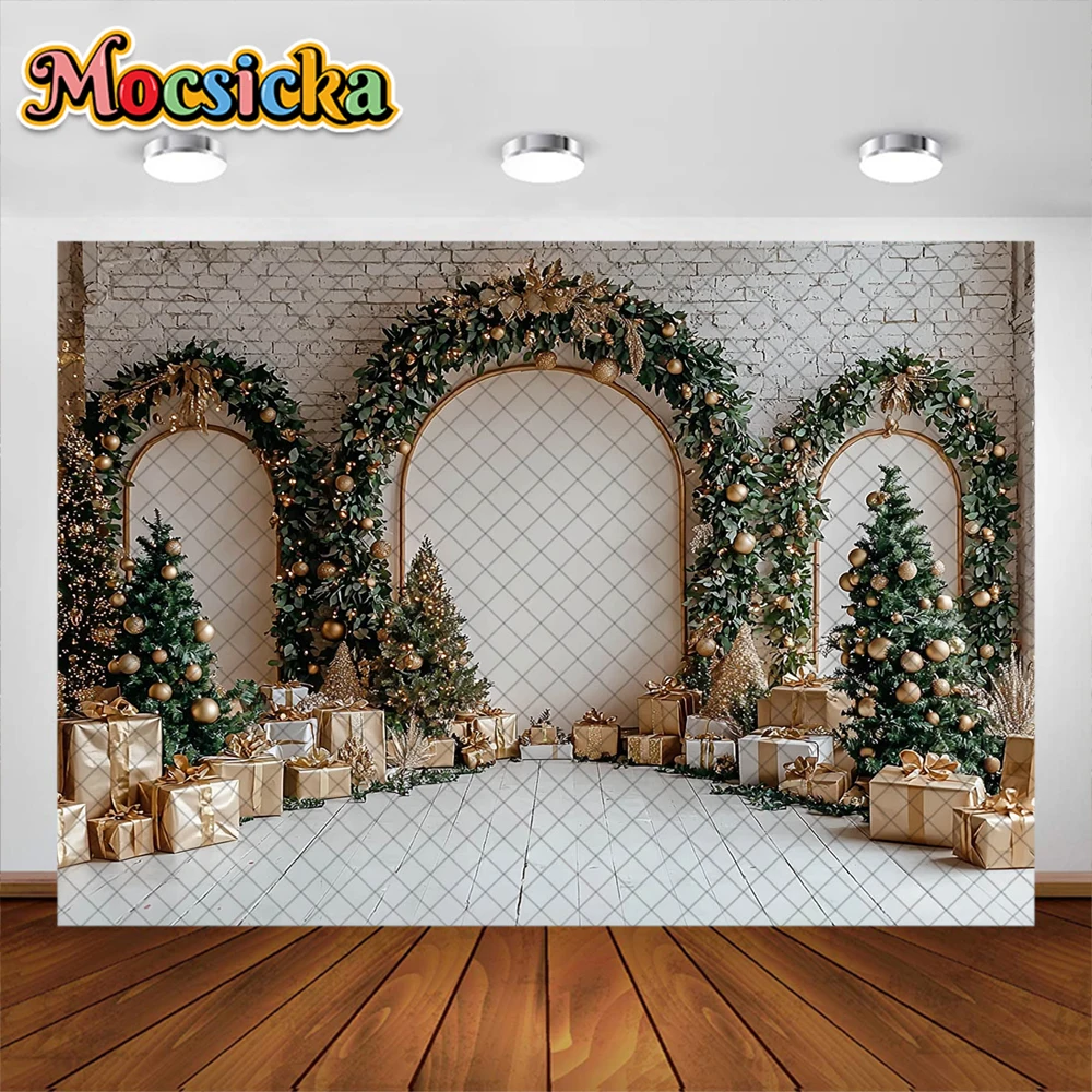 Christmas Photography Background Arched Garland Golden Xmas Gift Decoration Boy Girl Portrait Photo Backdrops Studio Props