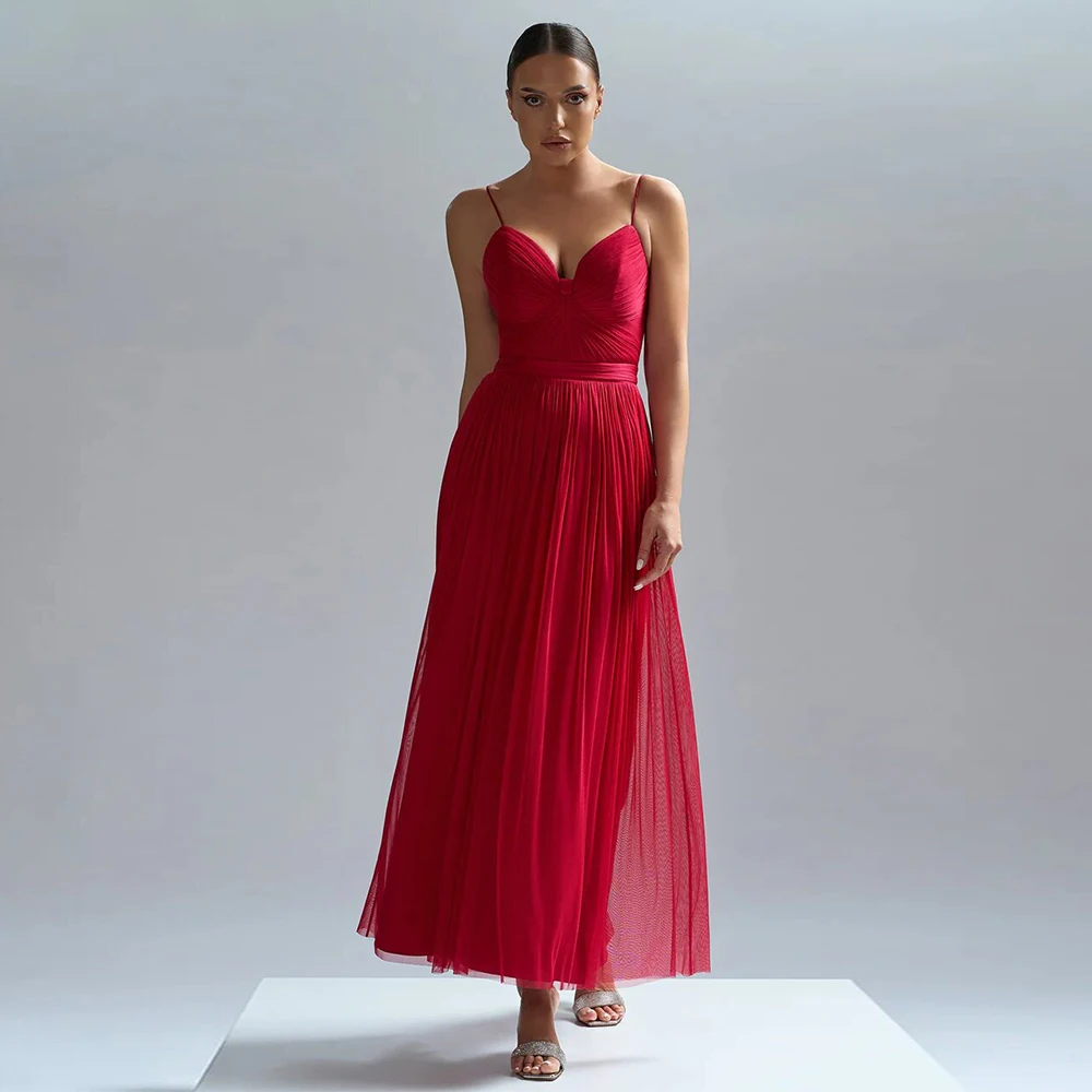 

Elegant Party Dresses Woman Elegant Red Chiffon Ruched Pleat 2024 Gowns A-line Spaghetti strap Midi Dresses